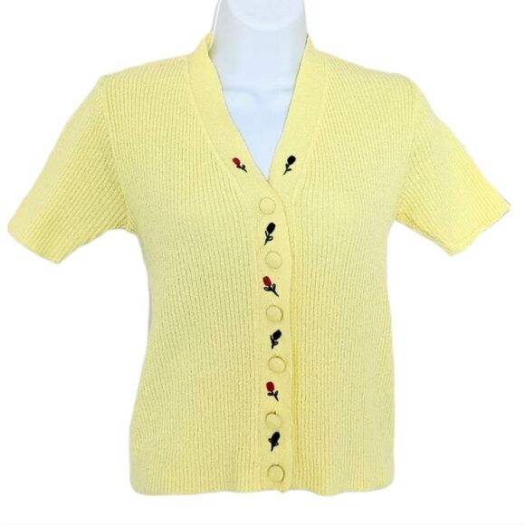 Vintage Y2K Ribbed embroidered yellow shirt top buttons Small XS @F1 - Picture 1 of 8
